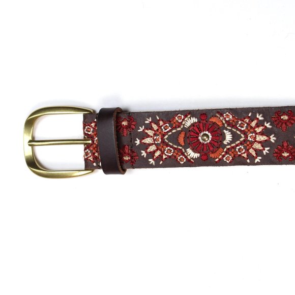 Lucky Brand Leather Belt Brown Red Orange Embroidery Gold Stud and Buckle - Picture 3 of 4